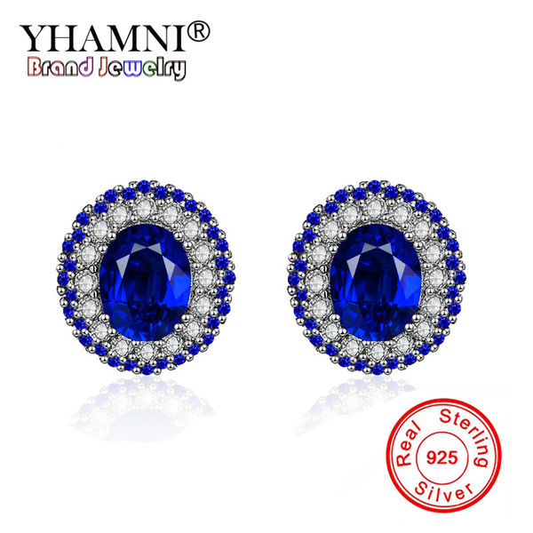 YHAMNI Dark Blue CZ Zirconia Earrings for Women Stud Earings 100% Solid 925 Sterling Silver Earrings Fashion Jewelry Gift OED004