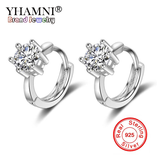 YHAMNI Original Solid 925 Sterling Silver Earrings Simple Six Claw Round 6mm CZ Zircon Earrings Fashion Jewelry for Women YEH180