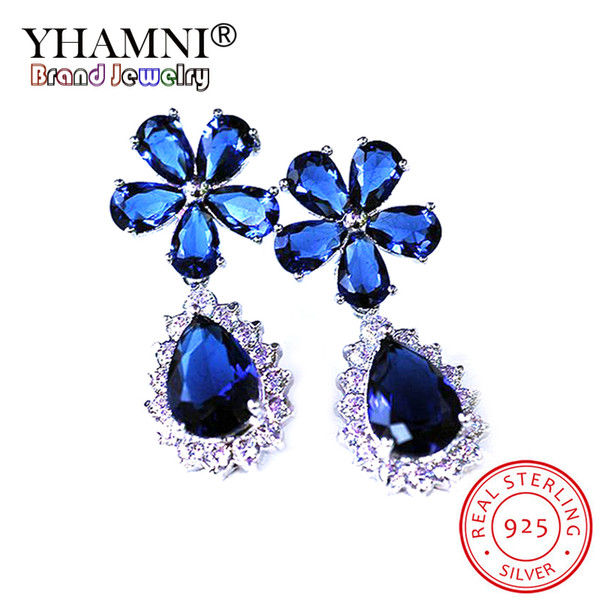 YHAMNI 100% Solid 925 Sterling Silver White&purple Water Drop CZ Flower Stud Earrings for Women Wedding Jewellery KED077