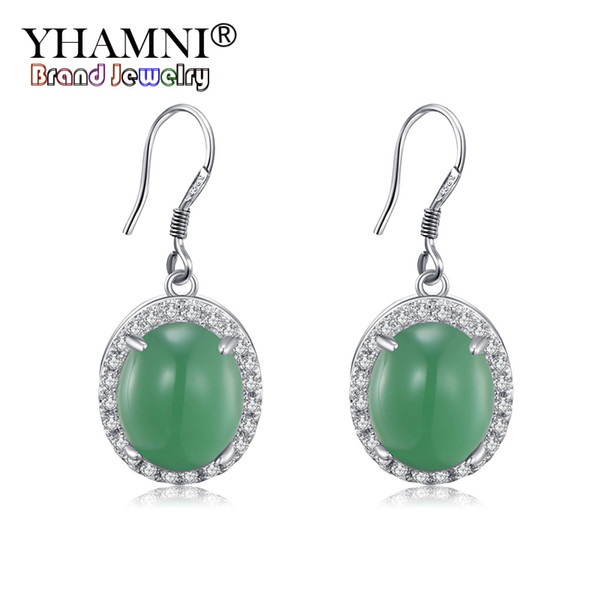 YHAMNI Original Natural Green Malay Stone Earrings 100% 925 Sterling Silver Earring CZ Zircon Jewelry For Women ZE454