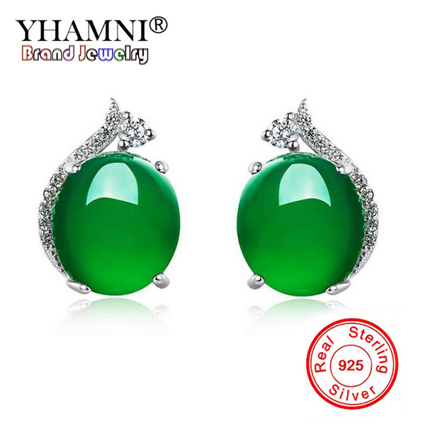 YHAMNI Original Real 925 Sterling Silver Earring Natural Green Malay Stone Earrings Fashion Jewelry Gift For Women LE328