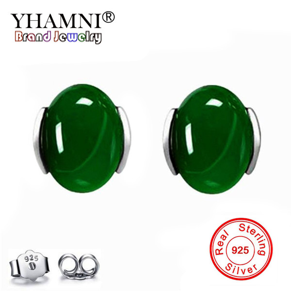 YHAMNI Fashion Natural Green/Red Gem Crystal Earrings 925 Sterling Sliver Jewelry Stud Earrings for Women Accessories Gift YC39