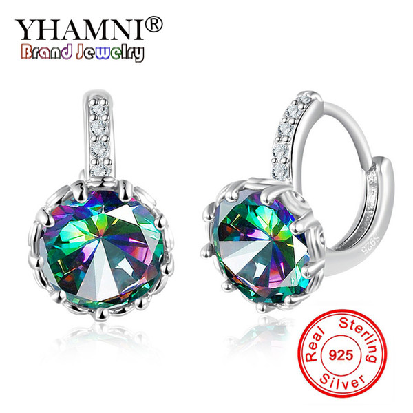 YHAMNI Fashion Colorful Round Style 925 Sterling Silver Enchanting Big 11mm CZ Crystal Dangle Earrings For Women Girl Gift LE300