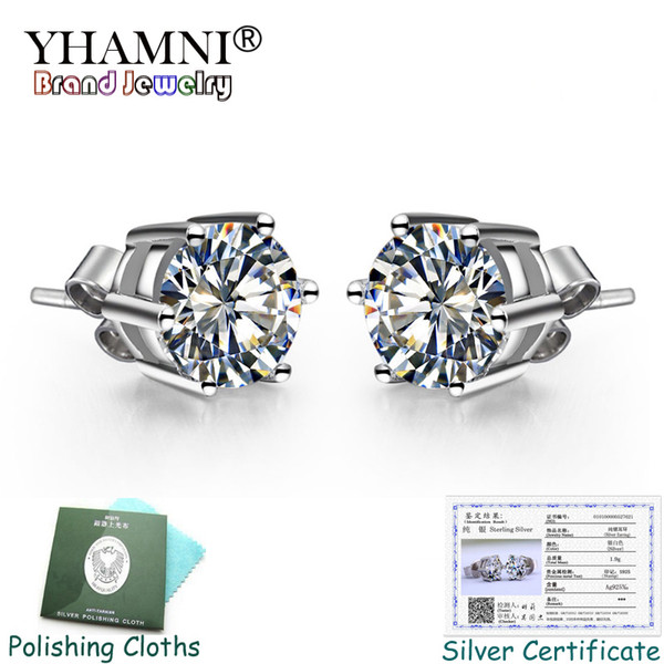 Sent Certificate! 100% Solid 925 Silver Stud Earrings for Women Solitaire CZ Zircon Wedding Earrings Fashion Jewelry Gift KPE003