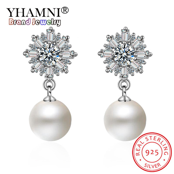 YHAMNI Original 925 Sterling Silver Snowflake Earring Stud Snowflake With Pearl CZ Zirconia Earring Jewelry for Women YED459