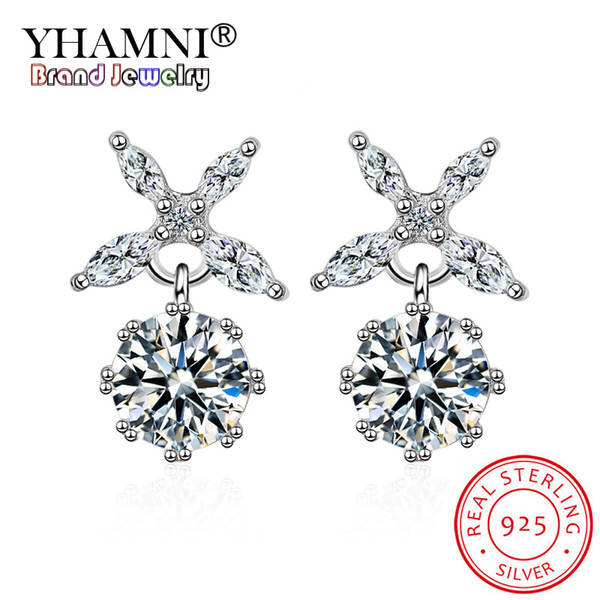 YHAMNI Fashion Simple 100% Solid 925 Silver White Zircon Flower Earrings For Women Party Earrings Jewelry LED464