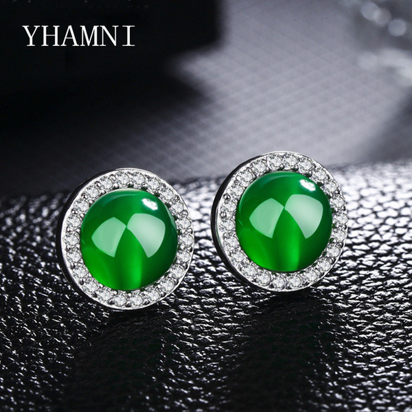 YHAMNI Red/Green Gem Crystal Zirconia Earring Original 925 Sterling Silver Round Stud Earring for Women Fashion Jewelry LYE-095