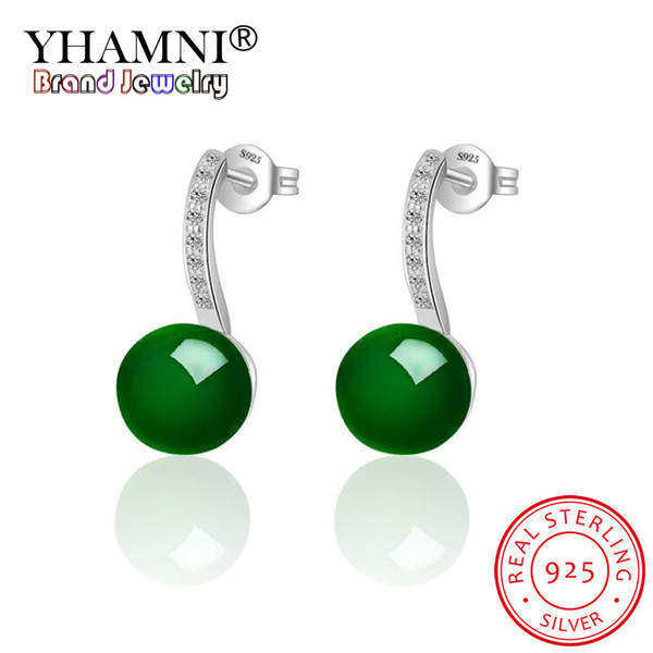 YHAMNI Original 925 Sterling Silver Earring Natural Green/Red/Black Malay Stone Earrings For Women Zircon Jewelry Gift ED292