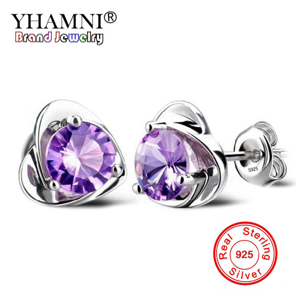 YHAMNI Natural Crystal Heart 1 ct 6mm Purple/white CZ Diamond Earring 925 Sterling Silver Wedding Jewelry Earrings for Women ED040