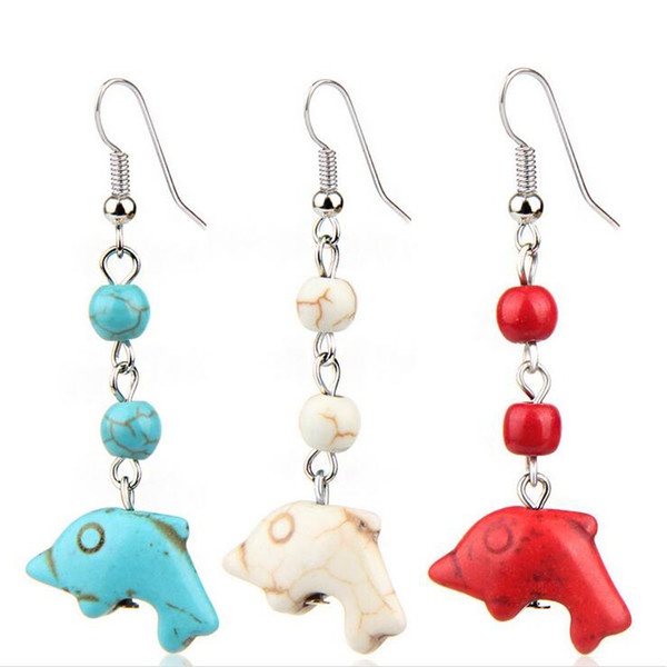 Vintage Dolphin Turquoises Long Earrings Luxury White Howlite Dangle Drop Natural Stone Earrings For Women Jewelry Bohemian Charm Earring