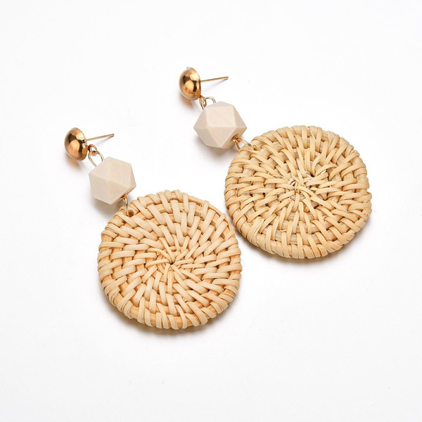 Handmade Big Straw Weave Rattan Knit Round Circle Drop Earrings Women Statement Wood Earrings Fashion Party Banquet Ear Jewelry