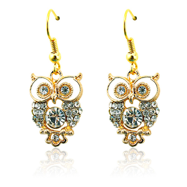 Fashion Charms Earrings Stainless Steel Hooks Dangle Gold Color White Rhinestone Owl Earrings For Women Jewelry