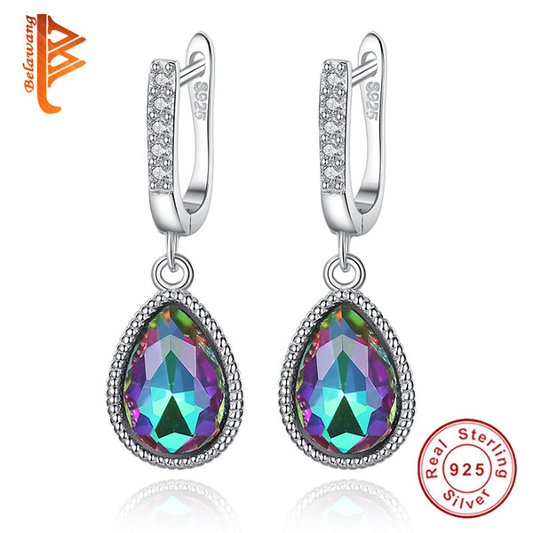 BELAWANG For Women 925 Sterling Silver Dangle Earrings Wedding Jewelry Cubic Zirconia Sky Blue&Purple Crystal Water Droplets Earrings