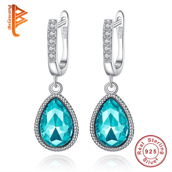 BELAWANG Real 925 Sterling Silver Earrings Pave Rhinestone Lake Blue Water Drop Dangle Earrings For Women Fashion Crystal Bridal Jewelry