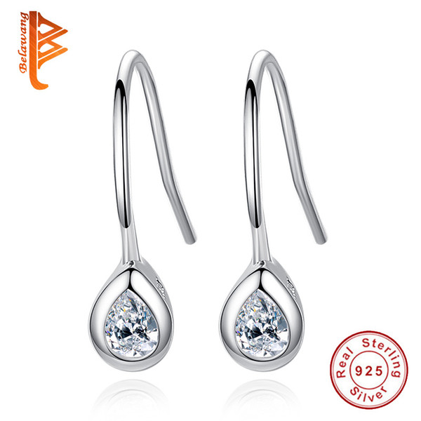 BELAWANG Elegant Women Jewelry 100% 925 Sterling Silver Princess Dangle Earrings Water Shape Clear Cubic Zircon Stylish Tear Drop Earrings