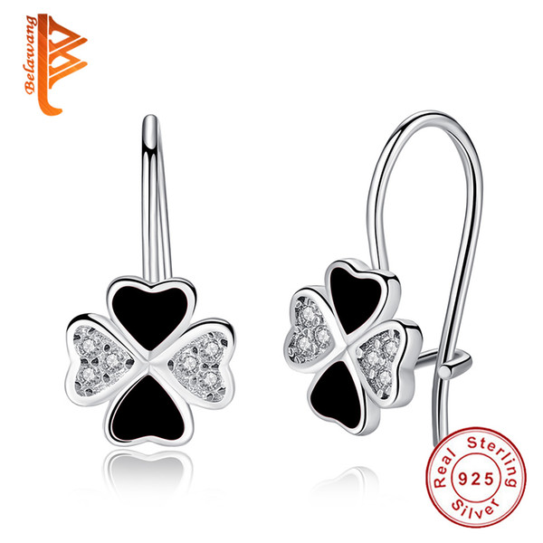 BELAWANG 925 Sterling Silver Clover Hoop Earrings Black Four Leaf Earring for Women Children Jewelry Free Shipping Prevent Falling off