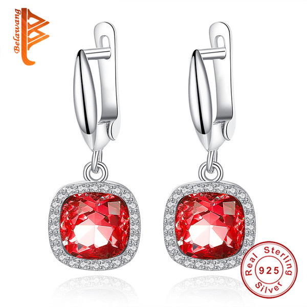 BELAWANG Sterling Silver Wine Red Crystals Dangle Earrings Cubic Zirconia Drop Earrings Fashion Jewelry Wholesale Wedding Anniversary Gift