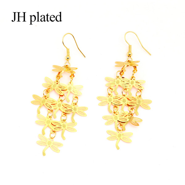 JHplated 2019 fashion Wedding Gift Party Anniversary Gift Golden Drop Earrings Women Long Dragonfly Pendant Makeup Jewelry Gifts for Friends