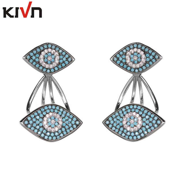 KIVN Fashion Jewelry Turkish Blue Eye Pave CZ Cubic Zirconia Womens Bridal Wedding Earring Ear Jackets Promotion Birthday Gifts