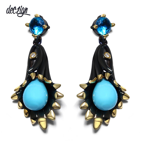 Deczign New Chandelier Bell Flower Dangle Earrings for Women Black Gold-Color Spots Blue Tone Stoning Pendientes tipo gota ZE52799