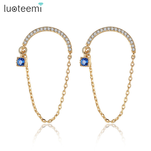 LUOTEEMI Women Fashion Champagne Gold Color Zircon Diamond With Chain Dangle Earrings