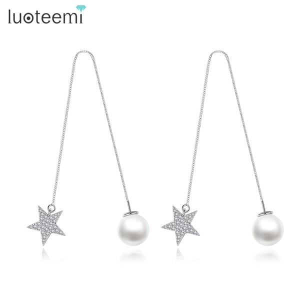 LUOTEEMI Fashion White Gold Color Zirconia Crystal Star and White Created Pearl Threader Pull Through Dangle Earrings For Women