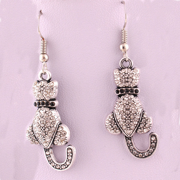 17mm*33mm 5pair a lot Antique silver plated zinc studded with sparkling crystals Animals Love Cat pendant Drop Earrings