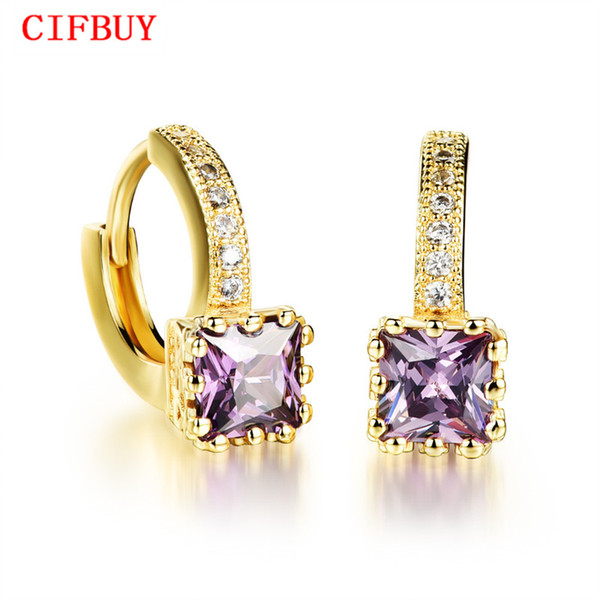 CIFBUY Woman Cz Crystal Hoop Earrings Romantic Geometry Gold Color Purple/ White Cubic Zirconia Fashion Women Jewelry KE639