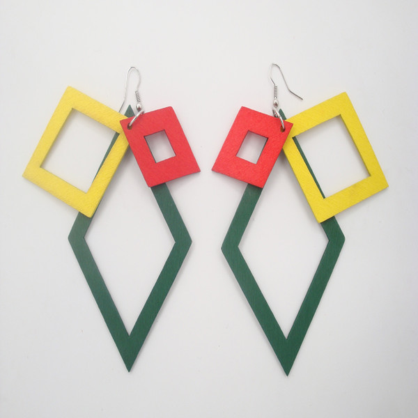 Women Jewelry Lady Fresh Colors Long Dangle Earrings Mixed Green Red & Yellow Big Geometry Diamond Wooden Earrings