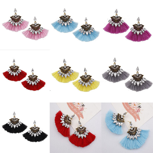 Bohemian Fashion Rhinestone Tassel Fringe Earrings Fan Shape Drop Dangle Ear Stud For Women Jewelry Gift 7 Colors