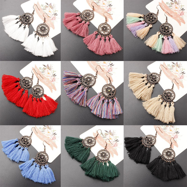 Vintage Long Tassel Drop Earring Bohe Punk Ethnic Fashion Multicolor Cotton Thread Fan Shape Fringe Earrings For Wome