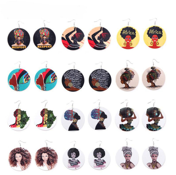 New Arrival Afro Wooden Earrings Printing African Head Colorful Eardrop Wood Round Charm Hoop Earrings For Women Lady Jewelry