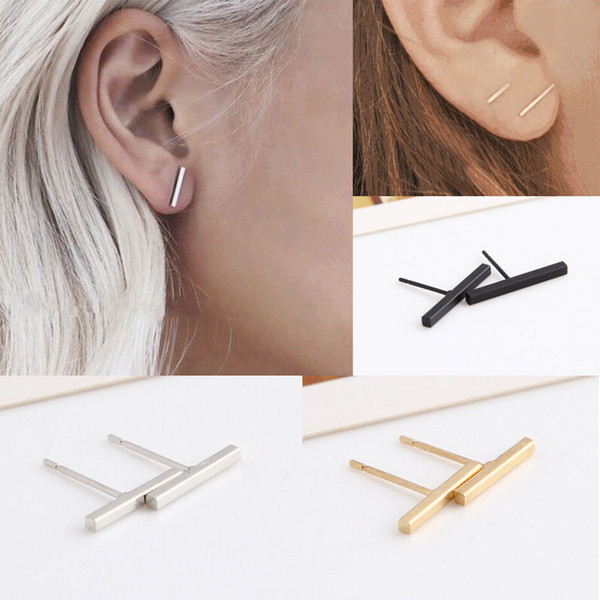 Women Girls New Fashion Simple Design Black/Silver/Gold Tiny Bar fashionable Cute Stud Earrings