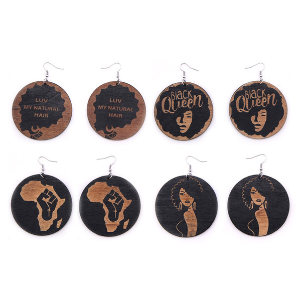 New Style Africa Black Women Head Circular Dangle Earring Round Wooden Wood Hip Hop Ladies Women Earrings Black Queen Earring