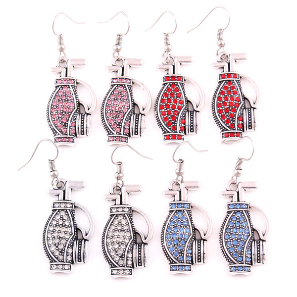 Fashion Antique Silver Plated Zinc Studded With Sparkling Colorful Crystals Golf Bag Pendant Charm Earrings Jewelry