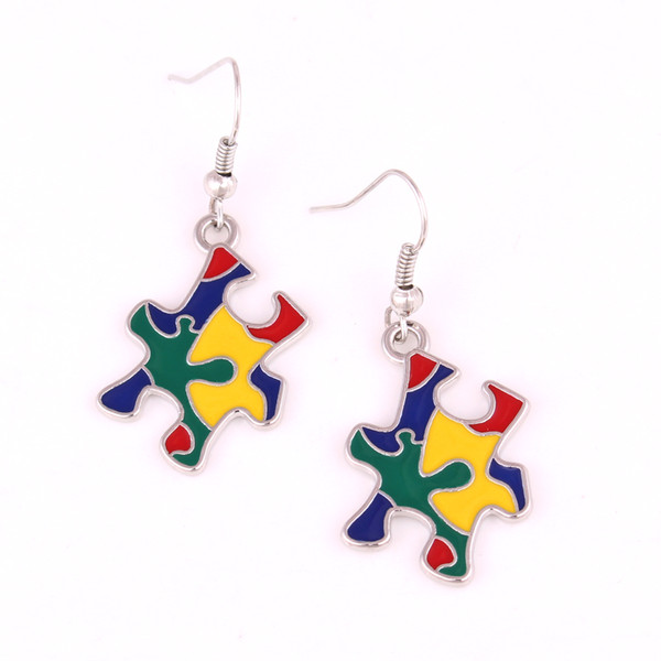 New Arrival Autism Awareness Hope Pattern Applied Enamel Colors Charm With Holes Jigsaw Puzzle Piece Earrings