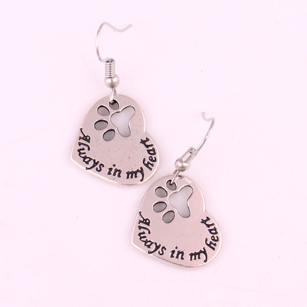 Always In My Heart Hollow Dog Claw Paw Heart Pendant Earrings Pet Footprint Charm Women Animal Jewelry