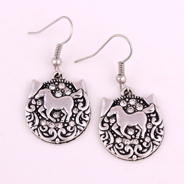 Apricot Fu Antique Silver Clear Crystal Round Horse Pendent Earring With White Crystal Animals Earring Women Fashion Jewelry