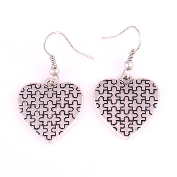 Antique Silver Plated Autism Awareness Hope Heart Charm With Holes Jigsaw Puzzle Piece Hearts Shape Earrings For Woman Gift