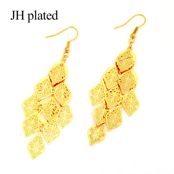 JHplated Dubai Africa 2019 Fashion Ladies Wedding Gift Madam Party Anniversary Gift Golden Drop Earrings Women long Leaves pendant