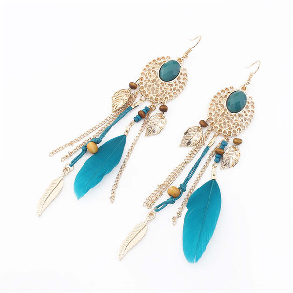 Retro Feather Tassel Earrings Dangle Chain Gold Enamel Earring for Women Fashion Jewelry luxury designer jewelry women earrings drop ship