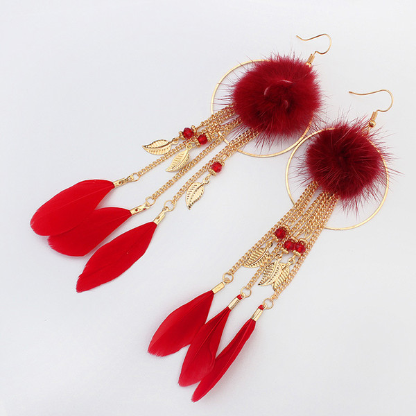 designer earrings Bohemia Long Drop Feather Hairball Tassel Earrings Ethnic Natural Earring For Women Gifts luxury earrings drop shipping