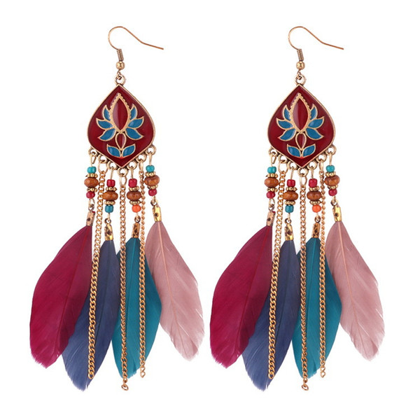 Tassel chandelier feather earrings jewelry fashion women bohemia colorful gold plated chains tassels alloy long dangle designer earrings