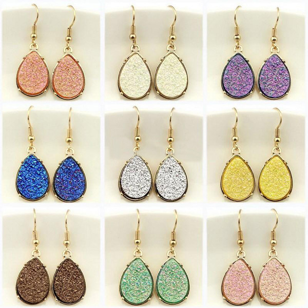 Hot Selling Drusy Dangle Mini Teardrop Faux Druzy Earrings for Women Gold Fashion Water Drop Earrings Popular Women Jewelry