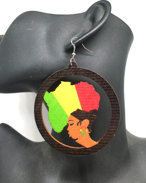 printing African Hair woman Wooden Earrings