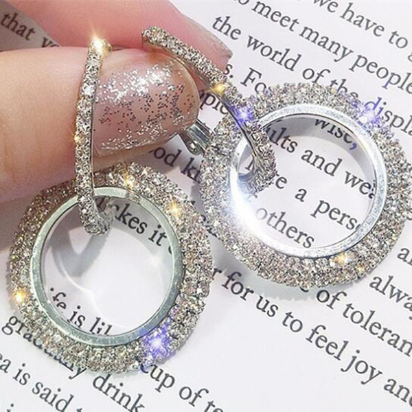 Gold Silver Color Rhinestone Earring Fashion Korean Style Big Round Hoop Earrings Women Christmas Party Jewelry Gift