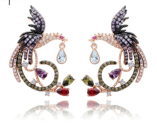 Phoenix Shape Multicolor CZ Diamond Earrings 18K Rose Gold Plated Drop Earrings Jewelry for Women Jewelry TM