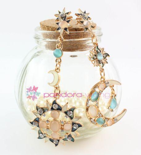 Fashion Charm Elegant Rhinestone Resin Star Sun Moon Long Dangle Earrings