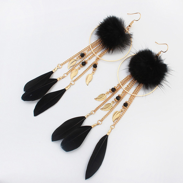 designer earrings Bohemia Long Drop Feather Hairball Tassel Earrings Ethnic Natural Earring For Women Gifts luxury earrings drop shipping