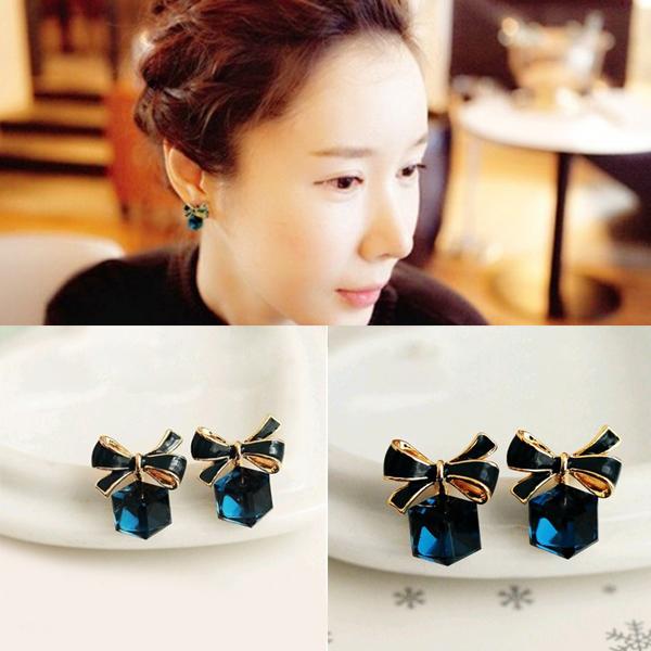 Fashion Lovely Cute Blue Women Bow Crystal Cubic Earring Gift For Lover Girls